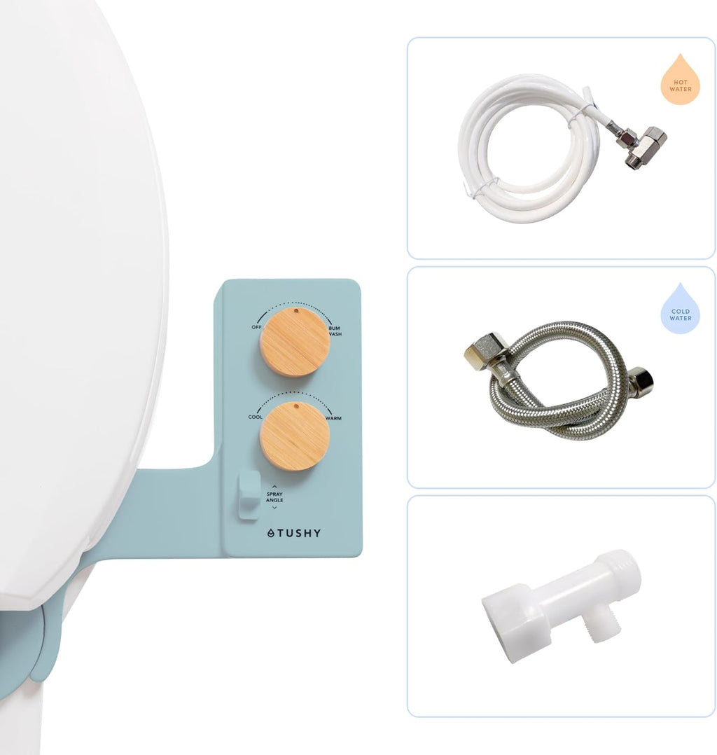 TUSHY Spa Warm Water Bidet Attachment for Toilet. Universal Fit, Easy Install (Requires Sink Access for Optional Temperature Control) Self Cleaning, Adjustable Pressure, Angle Control, Blue/Bamboo