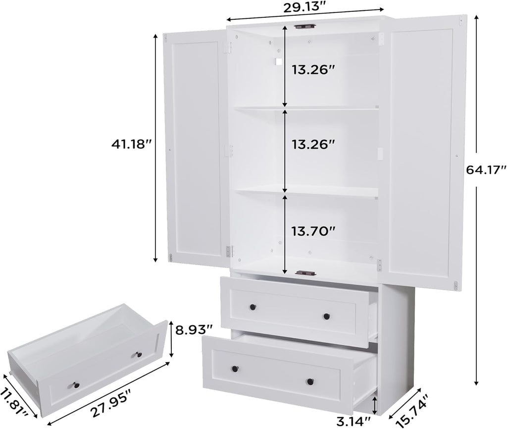 64.2" Tall White Kitchen Pantry, Storage Cabinet with Doors and Drawers, Freestanding Wooden Organizer for Kitchen, Dining Room