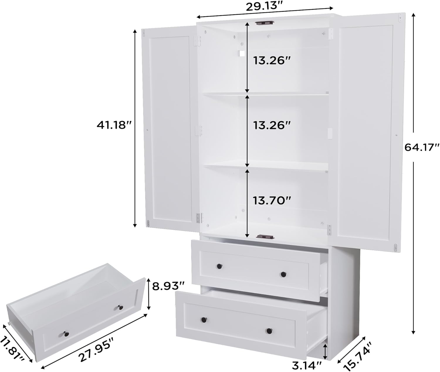 64.2" Tall White Kitchen Pantry, Storage Cabinet with Doors and Drawers, Freestanding Wooden Organizer for Kitchen, Dining Room