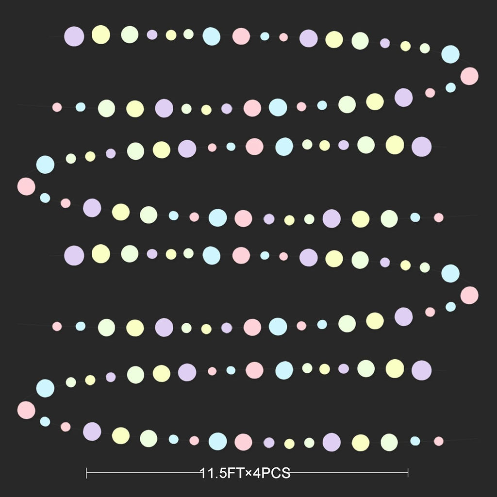 Pastel Party Decorations Blue Purple Pink Yellow Green Circle Dots Garland Hanging Paper Polka Dot Streamer for Birthday Baby Shower Wedding Bridal Shower Macaron Spring Easter Party Supplies