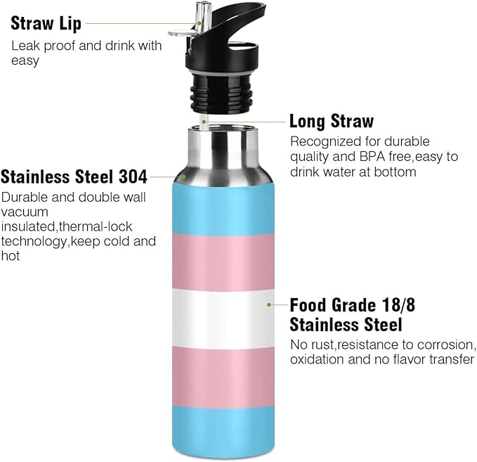 20 OZ Transgender Pride Flag Sports Water Bottle,Double Wall Vacuum Insulated Stainless Steel Pride Water Bottle with Straw Keeps Hot and Cold,Bike Running Travel Gym, Pride Month Day Gifts