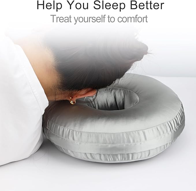 Silky Ear Piercing Pillows with Holes Removable Pillowcase Washable Donut Pillow for Ear Pain Side Sleeping Cartilage CNH Pressure Sore Tinnitus Headphones Relief Guard Protector Gray