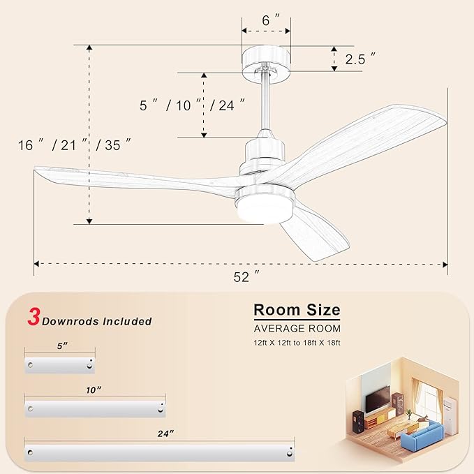 NicBex Ceiling Fan 52 Inch Ceiling Fans with Lights Ceiling Fan with 3 Blades and Remote Control Reversible DC Motor Ceiling Fans for Bedroom, Living Room, White