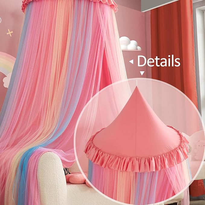 Kertnic Rainbow Bed Canopy for Girls Dreamy Mosquito Net for Bed Round Dome Princess Bed Canopy Girl Room Play Tent Kids Canopy Bed Netting Curtains (Nordic Pink Rainbow)