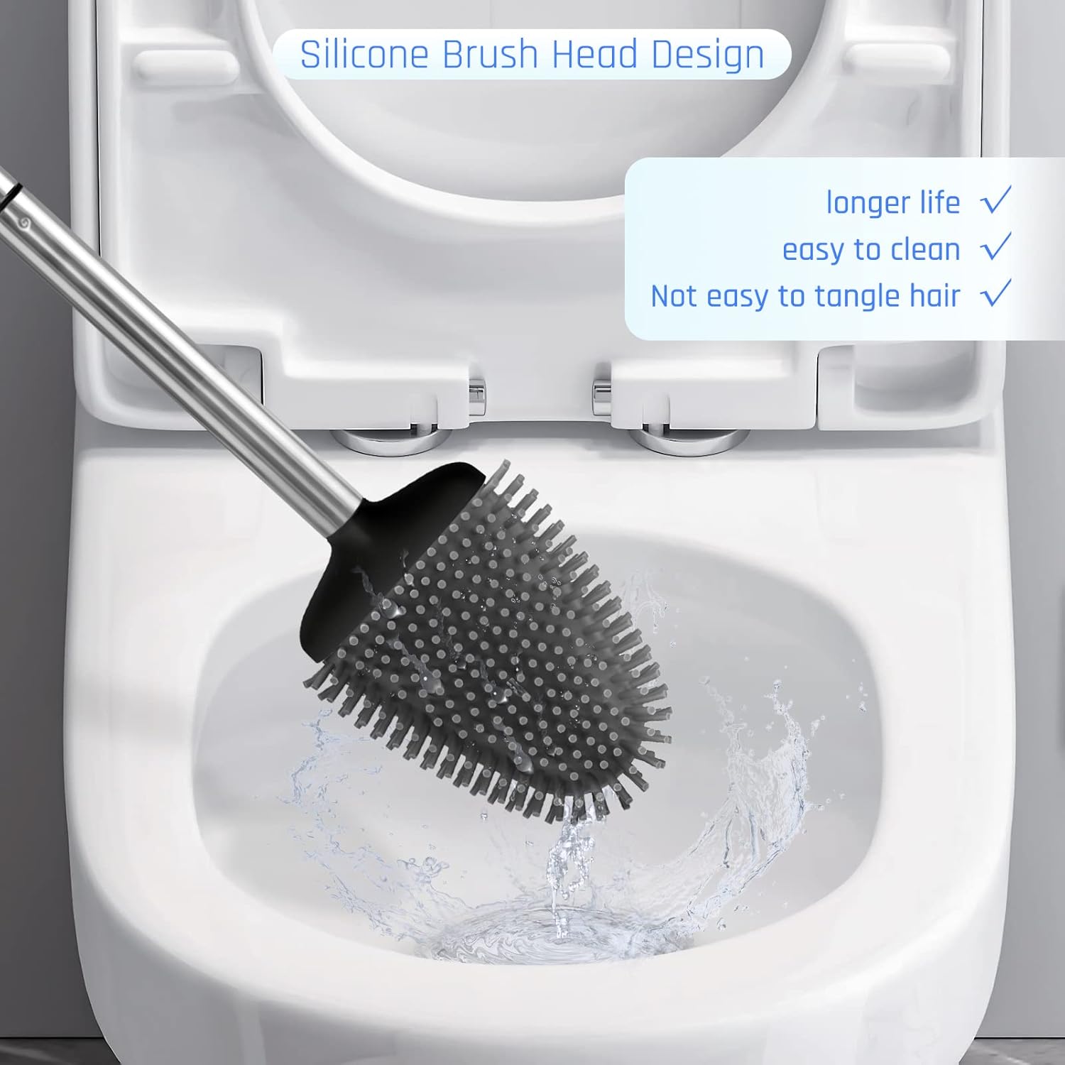 Sellemer Toilet Brush and Holder Set - Flexible Toilet Bowl Brush Head with Silicone Bristles, Compact Size for Storage and Organization, Ventilation Slots Base (1 Pack, Black)