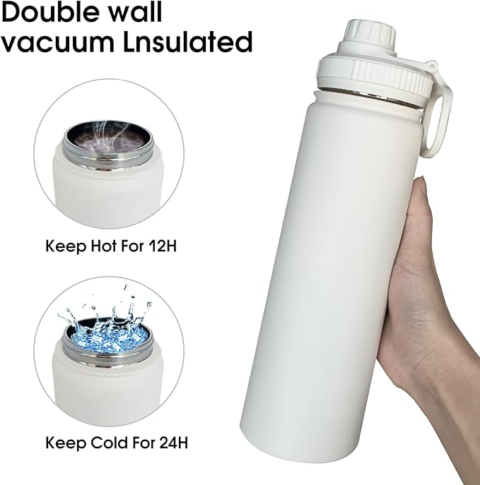 22oz Insulated Water Bottle ，Stainless Steel Sports Water Cup Flask with 2 Lids, Wide Mouth Travel Thermal Mug,Outdoor Sports Bottle（white）
