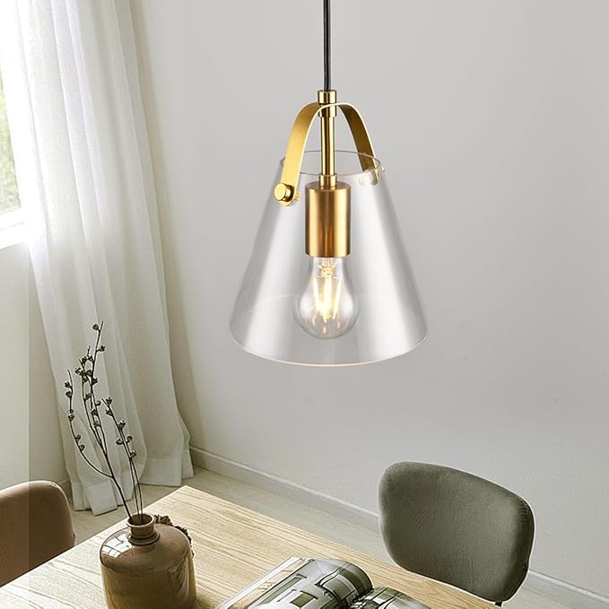 Brass Pendant Lights Kitchen Island,Modern Design Clean Clear Farmhouse Glass Pendant Light,Light Fixture Kitchen Pendant Medium Hanging Light Fixture for Sink A60 Bulb Recommened