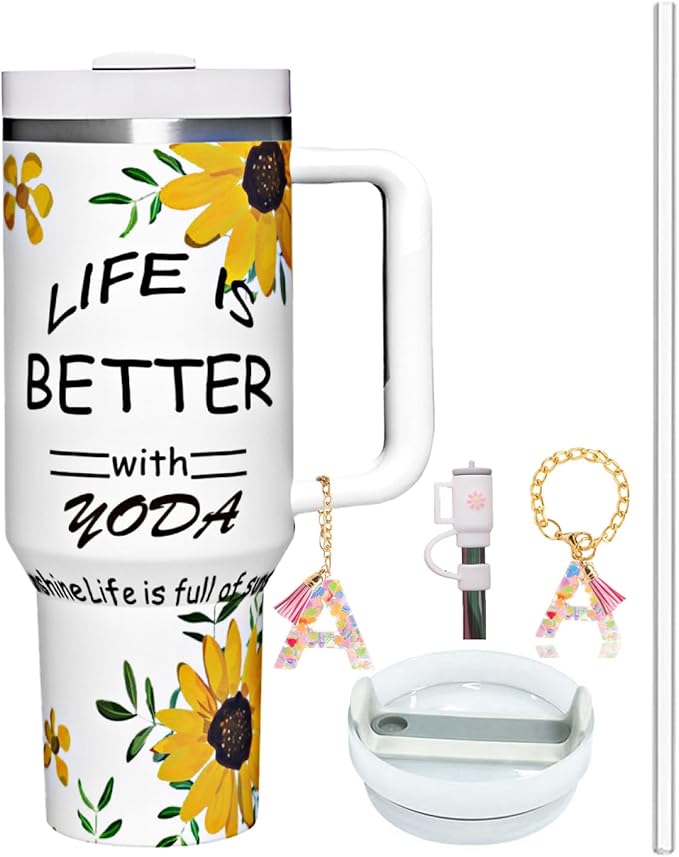 30oz Sunflowers Coffee Tumbler with Handle, Stainless Steel Double Wall Vacuun Insulated with Straw and Leak Proof Lid Travel Coffee Mug Cup, Birthday Gifts for Adult Women Men