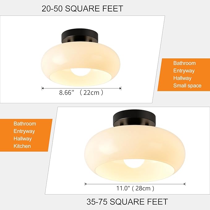 Mid-Century Modern Semi Flush Mount Ceiling Light, Metal Kitchen Light Fixture with Glass Shade,Vintage White and Black Colse to Ceiling Lamp for Entryway Hallway Bathroom (8.66 Inch)