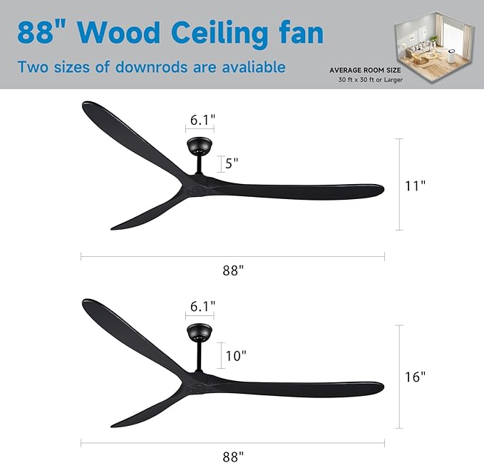 Bigzone 88" Large Black Ceiling Fan With Remote Control, DC Motor Quiet Energy Saving,3 Black Balsa Wood Blades,Outdoor/Indoor Ceiling Fan With Reversible Blades