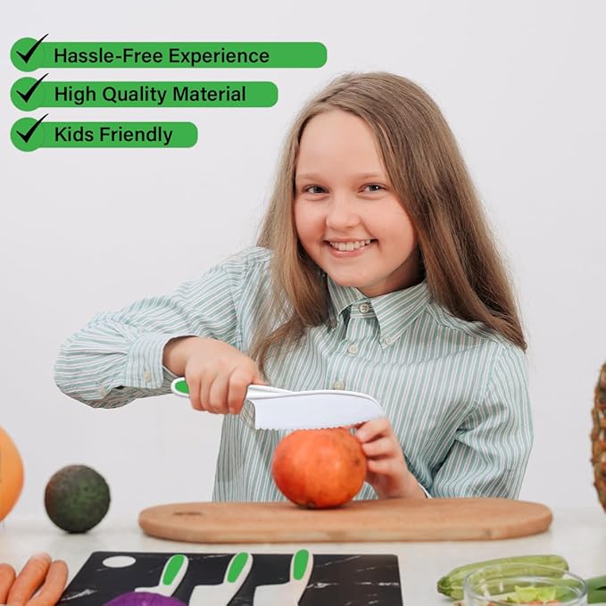 Kids Knife Set of 3 - Firm Grip, Serrated Edges & Safe – Colorful Nylon Toddler Knife Set to Cut Fruits, Salad, Cake, Lettuce (Green)