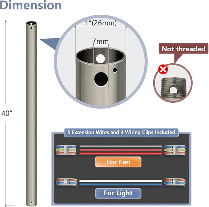 40" Ceiling Fan Downrod, 【1 Outside Diameter】 Brushed Nickel Extended Downrod, including 4 Wire Connectors and 5 Extension Wires (No Threads)