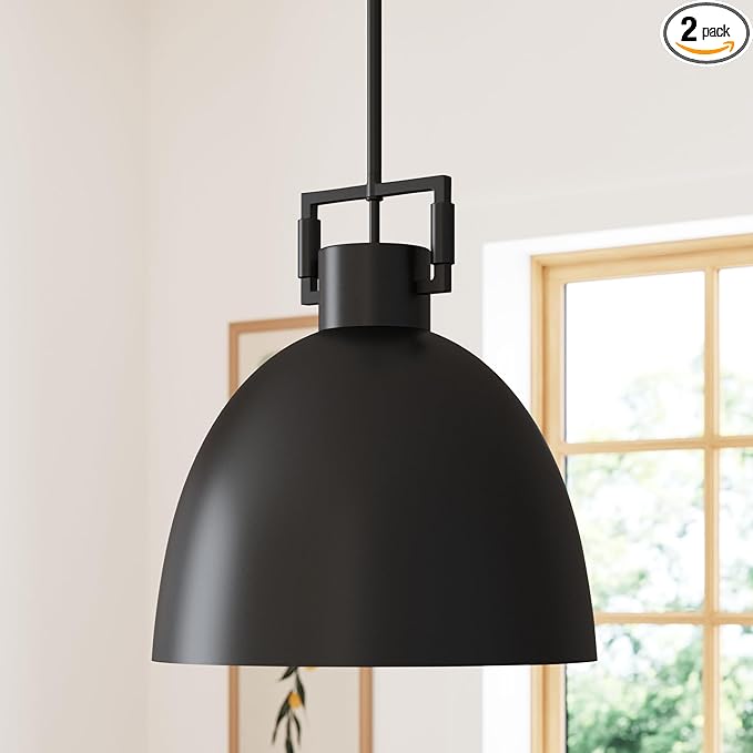 Nathan James Leigh Pendant Lighting, Hanging Ceiling Light with Oversized Metal Shade and Adjustable Cord, for Kitchen Island or Entryway, Matte Black, Set of 2