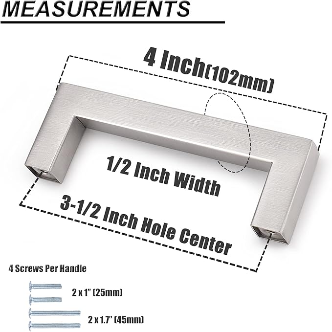 Probrico 10 Pack|Sqaure Kitchen Cabinet Pulls 3-1/2 inch Hole Center, Stainless Steel Furniture Cabinet Hardware, Brushed Nickel Cabinet Handles, 4 Inch Total Length
