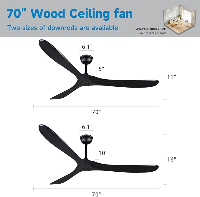Bigzone 70" Black Ceiling Fan Without Light, 3 Solid Wood Blades, Outdoor Ceiling Fan with Remote, Reversible Motor