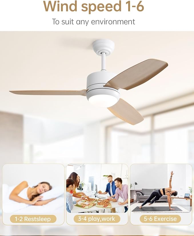 CACI Mall 46 inch Ceiling Fans with Lights and Remote, FUSH Mount Low Profile Ceiling Fan, Modern,3 Blade,6 Speed DC Motor,Quiet,Small Ceiling Fan for Bedroom Indoor/Outdoor Use