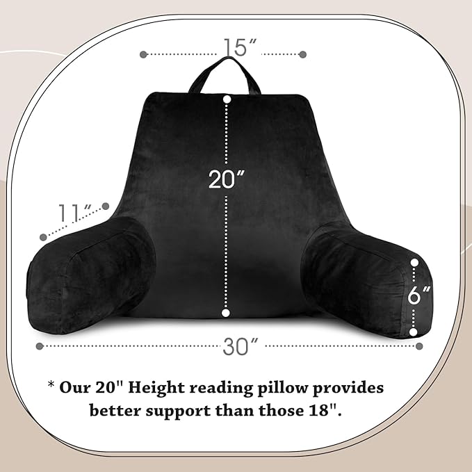 LOVTEX Reading Pillow with Removable Cover, Back Pillow for Sitting Up in Bed with Arms and Pockets, Bed Rest Pillow Adult, 20 x 15 Inches(Black)