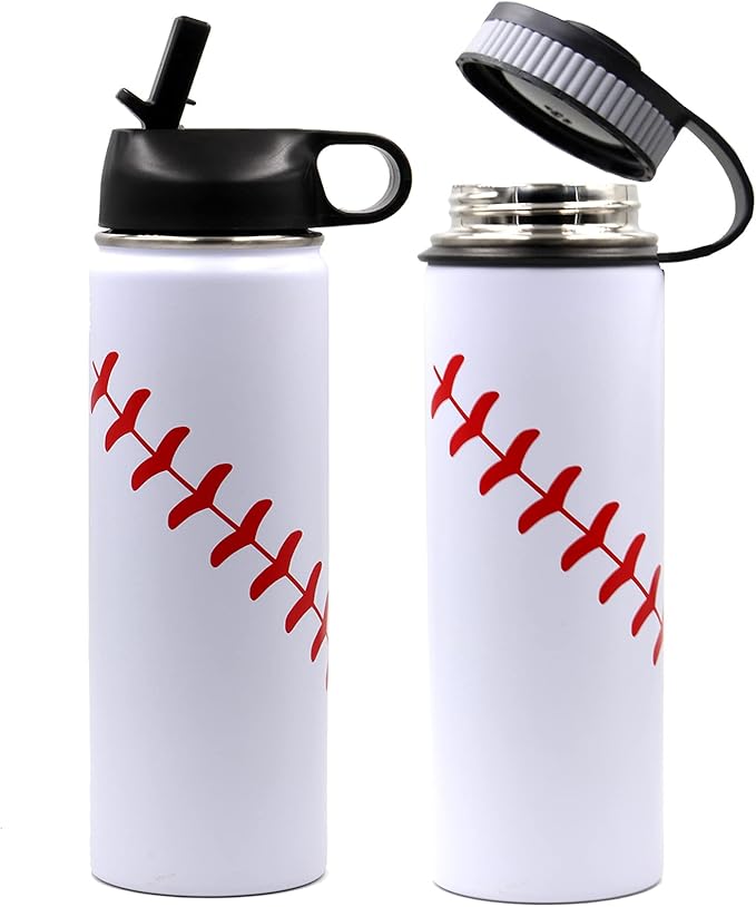 22 oz Baseball Water Bottle, Flask Sports with 2 Lids Double Wall Vacuum Insulated Stainless Steel Wide Mouth Hot & Cold Thermo Mug (22oz, White baseball)
