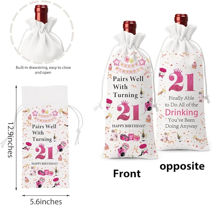 21st Birthday Gifts for Her Him Wine Bag, 21 Year Old Birthday Gifts for Her, Happy 21st Birthday Party Decorations for Her Him, Pairs Well with Turning 21 Wine Bags (White Pink)