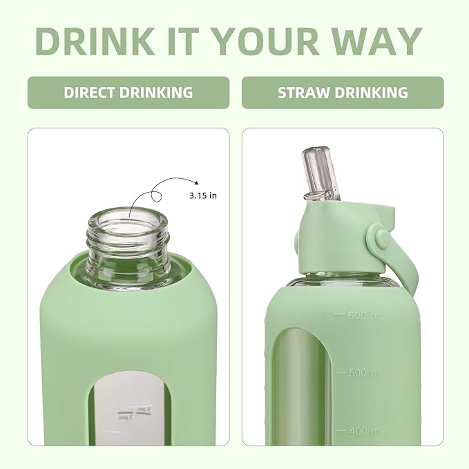20 oz Glass Water Bottles with Straw Borosilicate Glass Water Bottle with Time Marker Motivational Water Bottles with Silicone Sleeve Leak Proof Reusable BPA Free
