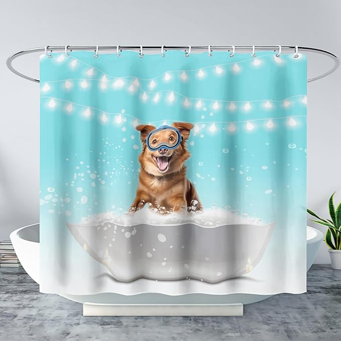 AILONEN 3D Bathtub Dog Shower Curtain for Kids 72" W*72" H Inch,Kawaii Diving Dog Sitting in a Bathtub Shower Curtain,12 Pack Hooks Polyester Waterproof Fabric Decor for Bathroom Bathtub Panels