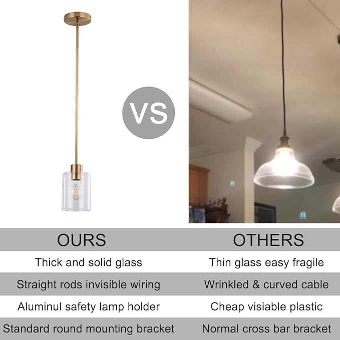 Brass Pendant Lights Kitchen Island - Gold Clear Glass Pendant Light Fixture Multiple Stems Rods 3 Units 12 Inch 3 Units 4 Inch (3 Pack Brass)