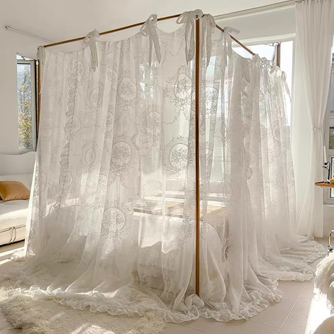 Elegant Lace Princess 4 Corner Post Mosquito Net Romantic for Girls Women Bed Curtain Canopy for Adult Wedding Bedroom Kids Rooms Decoration (Color-A, King)