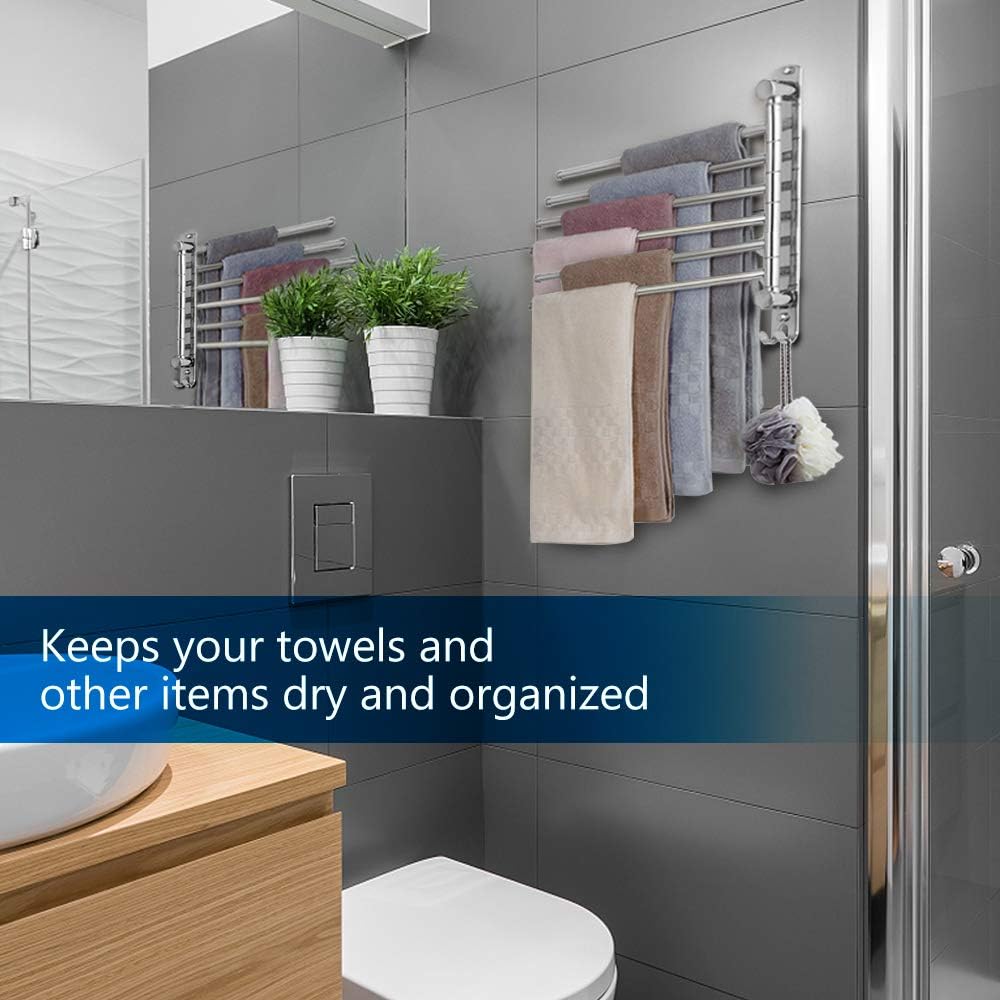 Towel Rack Wall Mounted JSVER Bathroom Towel Rack, Space Saving Towel Holder, Swivel SUS304 Stainless Steel Towel Bar, 180° Rotation 6 Arms Towel Racks for Bathroom