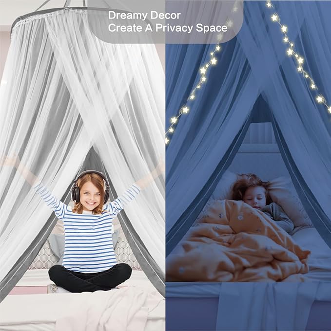 40"x 106" Bed Canopy for Girls & Adults, Double Layer Princess Round Dome Bed Curtain Canopy Drapes, Dreamy Mosquito Net Reading Nook, Bedroom Decoration (Gray)