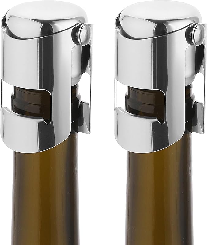 2Pcs Champagne Stoppers, Stainless Steel Wine Stopper, Food Grade Silicone Sparkling Wine Bottle Stoppers for Storing Champagne and Sparkling Wine, Leak-Proof, Sealed, Reusable (Silver)