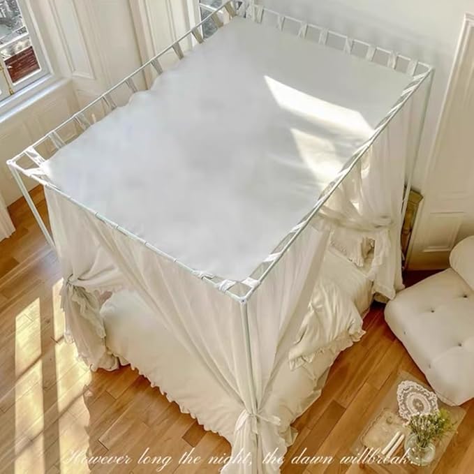 Elegant Modern Linen Princess 4 Corner Post Mosquito Net Romantic for Girls Women Bed Curtain Canopy for Adult Wedding Bedroom Kids Rooms Decoration (White-Beige, Queen)