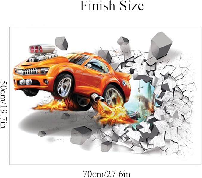 3D Fire Car Wall Sticker Decal Crack Hole fire Car Wall Art Decal Removable Broken Smashed Car Decoration Mural for Boys Bedroom Baby Kids Nursery Room (3D Fire Car)