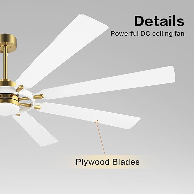 80" Ceiling Fan with Lights and Remote Control, Wood 8 Blades 6-Speed Noiseless Reversible DC Motor, 3 Downrods, Modern Large Ceiling Fan for Bedroom Dining Living Room, Gold Finish+White