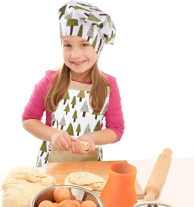 Kids Apron and Chef Hat Set-Adjustable Child Apron for Boys and Girls for Cooking Baking