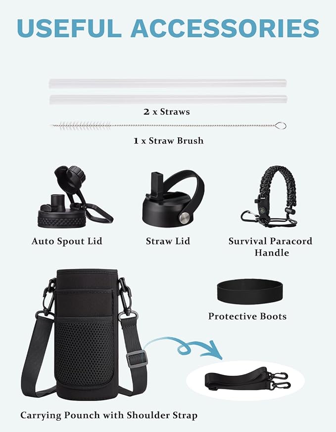 32oz/40oz/64oz Insulated Water Bottle with Straw & Spout Lids, Paracord Handle, Bottle Sleeve, Silicone Boot, Thermal Metal Flask Jug Keep Cold 48H & Hot 24H, Hydro Bottle for Travel Work Camping