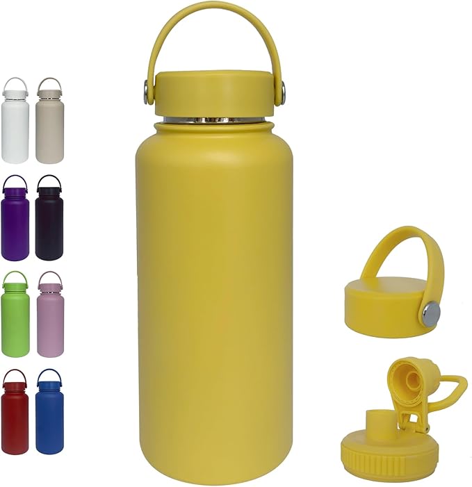 32oz Insulated Water Bottle ，Stainless Steel Sports Water Cup Flask with 2 Lids, Wide Mouth Travel Thermal Mug,Outdoor Sports Bottle（Mango yellow）