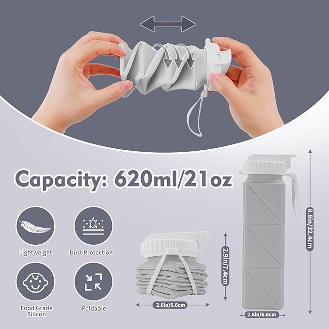 20 oz Water Bottle Collapsible | BPA Free Leakproof Lightweight Foldable Silicon Water Bottles | Twistable Water Cup | for Travel Gym Hiking Outdoor Camping Running Cycling Sports (Gray)