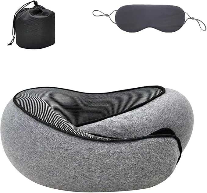 Portable Travel Pillow,Memory Foam Neck Pillow for Travel,Neck Support Pillow for Airplane with Eyemask,Earplugs and Storage Bag(Grey)