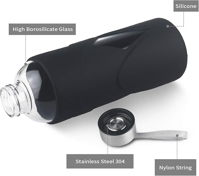 32 oz Borosilicate Glass Water Bottle BPA Free Reusable Glass Drinking Bottle with Silicone Sleeve and Stainless steel Lid