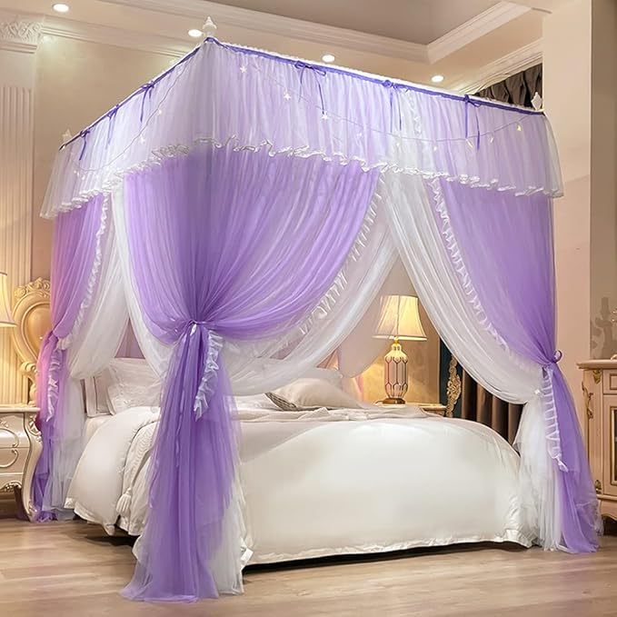 Mengersi Canopy Bed Curtains with Lights,4 Corner Bed Canopy Royal Luxurious Bed Drapes Netting,Princess Bed Curtains for Girls Adults Bedroom Decoration (Purple, California King)