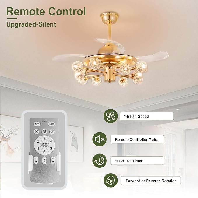 42" Chandelier Ceiling Fans with Lights: 12-Light Sputnik Ceiling Fan Crystal Chandeliers - Modern Retractable Fandelier Ceiling Fan for Bedroom Living Room - Gold Fandelier with Lights