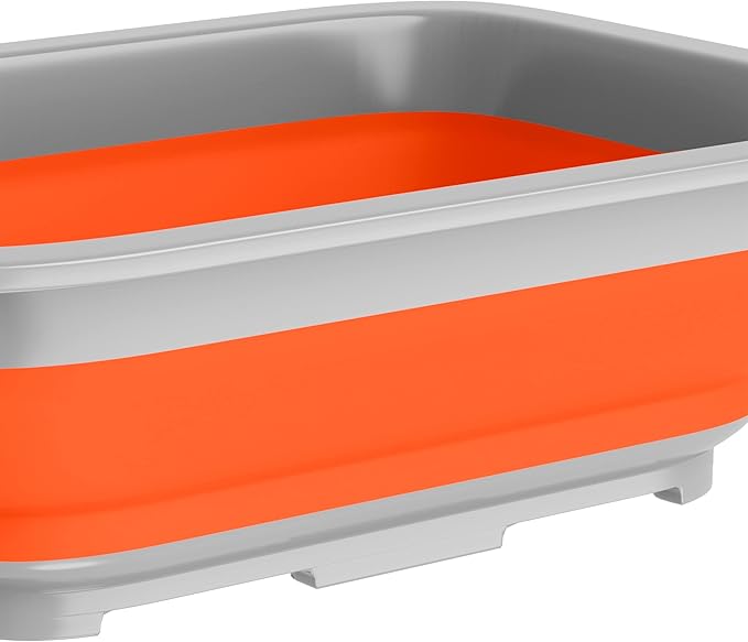 Set of 2 Multipurpose Wash Bins – 10-Liter Basins for Travel or Cleaning – Collapsible Bucket Camping Accessories by Wakeman (Orange)