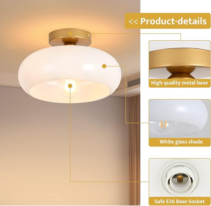 Mid-Century Modern Gold Semi Flush Mount Ceiling Light, Kitchen Ceiling Light Fixture with Glass Shade, Vintage White Close to Ceiling Lamp for Entryway Hallway Bathroom (8.66 Inch)