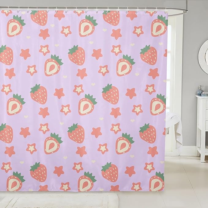 Feelyou Purple Strawberry Bathroom Waterproof Accessories with 12 Hooks Kawaii Fruit Shower Curtain for Kids Boys Girls Cute Stars Strawberry Fabric Shower Curtain Kawaii Lovely Curtains,72x84 Inches