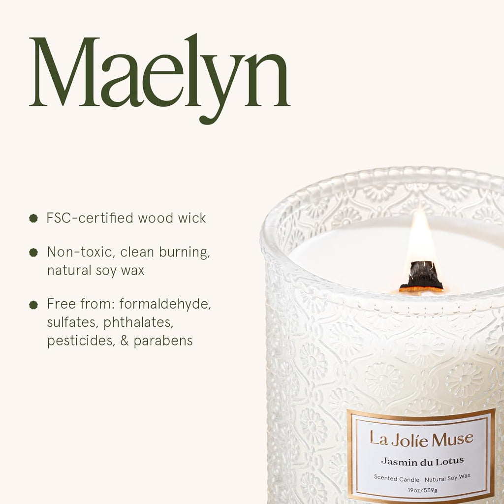 LA JOLIE MUSE Jasmin du Lotus Candle - Ivy, Jasmine, Cedarwood | 19 oz Large Wooden Wick Candle | Natural Soy Wax | 90 Hours Clean Burn | Gift-Ready for Hosts & Gatherings | Modern Home Decor