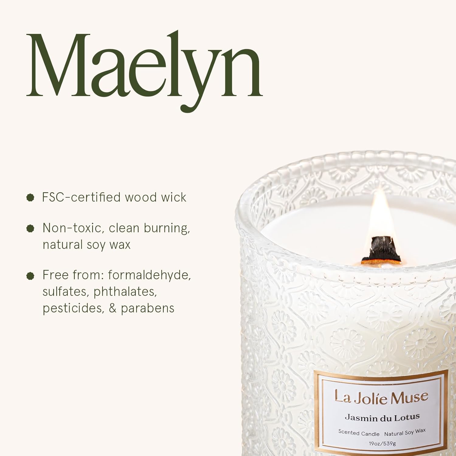 LA JOLIE MUSE Jasmin du Lotus Candle - Ivy, Jasmine, Cedarwood | 19 oz Large Wooden Wick Candle | Natural Soy Wax | 90 Hours Clean Burn | Gift-Ready for Hosts & Gatherings | Modern Home Decor