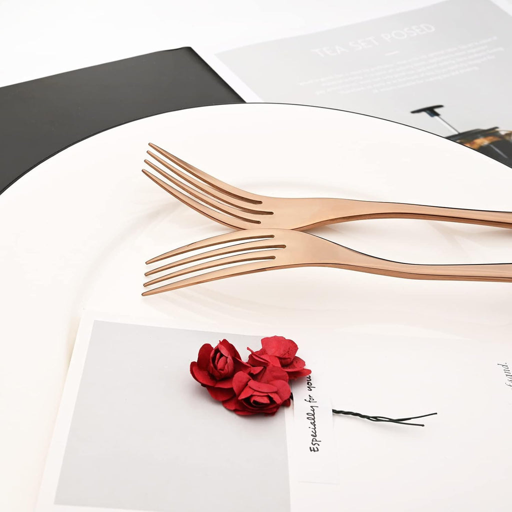 24-Piece Copper Flatware, Mirror 18/10 Stainless Steel Modern & Luxury Dinnerware Set With Serrated Steak Knife Teaspoon For Daily Use or Dinner Party Restaurant - Service For 4