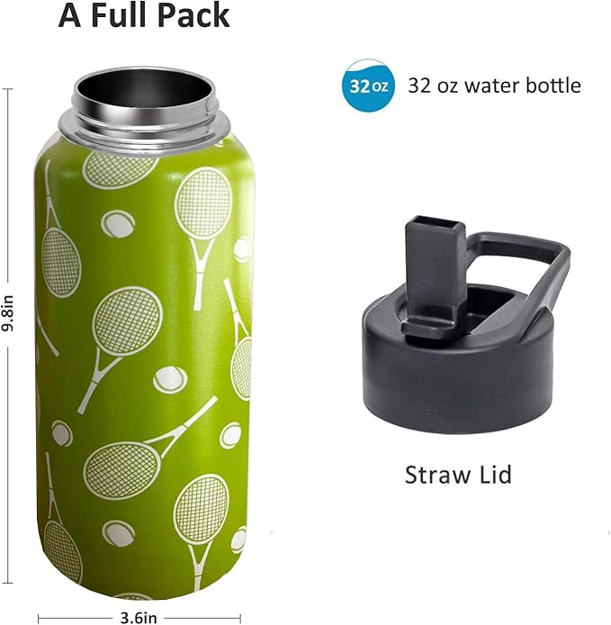 32 oz Tennis Water Bottle Insulated Vacuum Stainless Steel Sports Water Bottle with 2 Lids (Straw and Spout Lid) for Gym Camping Hiking
