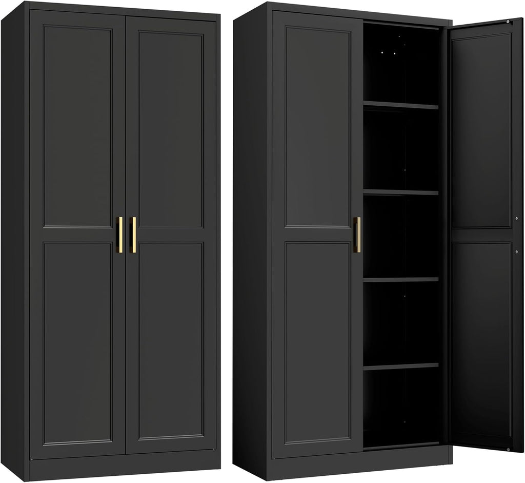 Kitchen Pantry Cabinet,71”Black Metal Pantry Storage Cabinet with Doors and 4 Adjustable Shelves,Kitchen Cabinet with 2 Gold Handles,Tall Cabinet for Livingroom,Pantry, Bathroom