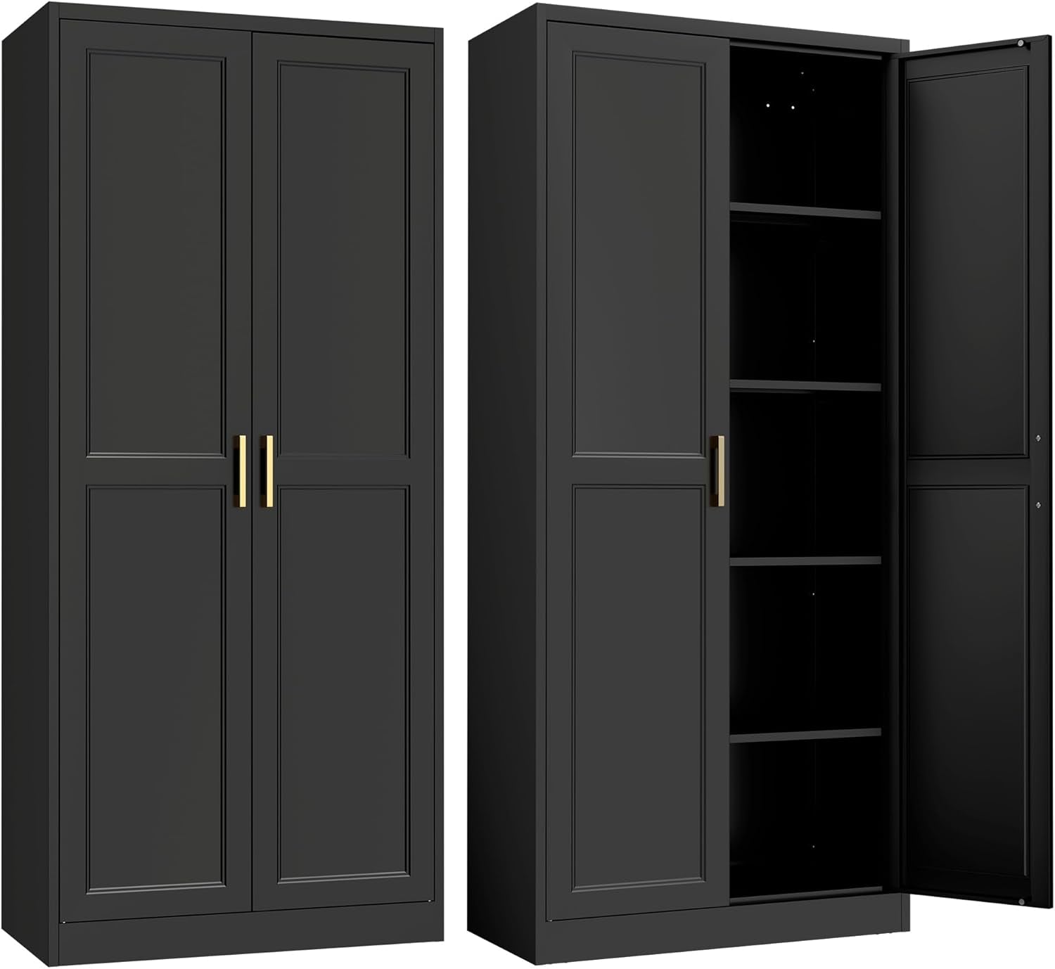 Kitchen Pantry Cabinet,71”Black Metal Pantry Storage Cabinet with Doors and 4 Adjustable Shelves,Kitchen Cabinet with 2 Gold Handles,Tall Cabinet for Livingroom,Pantry, Bathroom